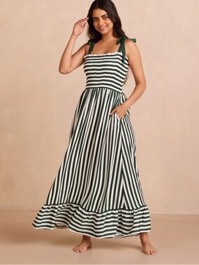 Summersalt Striped Green & White Tie-Shoulder Maxi Dress